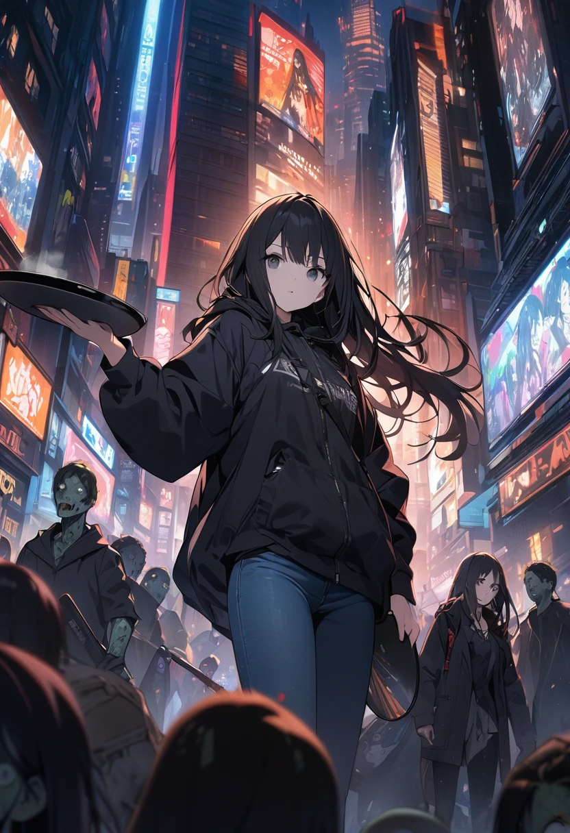 (BEST QUALITY), (MASTERPIECE), illustration, Extremely_detail, 4k wallpaper , midnight, girl, black hoodie parka, blue jeans, 1 , black Hair, long hair, black eyes, holding a frying pan, smart, Background of the city, Zombies