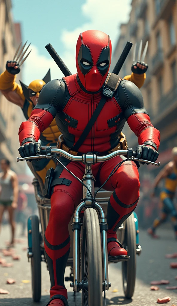Deadpool, with a mischievous grin beneath his mask, enthusiastically pedals a rickshaw, while Wolverine sits in the back with a stoic expression, his adamantium claws ready. The scene is surreal—Deadpool, full of jokes and mischief, spins the pedals like it’s some wild adventure, while Wolverine, appearing unfazed, shows a hint of thin patience in his eyes amidst the chaos. The contrast between Deadpool’s antics and Wolverine’s calm creates a bizarre yet heartwarming moment, where, despite all the craziness, there’s an unspoken bond of friendship between them.
