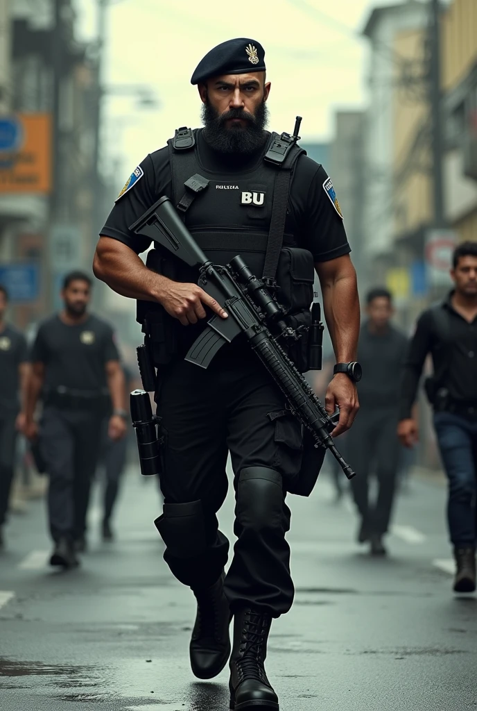 Young, strong, bearded Puerto Rican police officer, in black military police tactical uniform, Lottery, Special Operations, boina preta, rifle in hand, black boot, to approach a conversation on the street. Boys on the street. Approach.