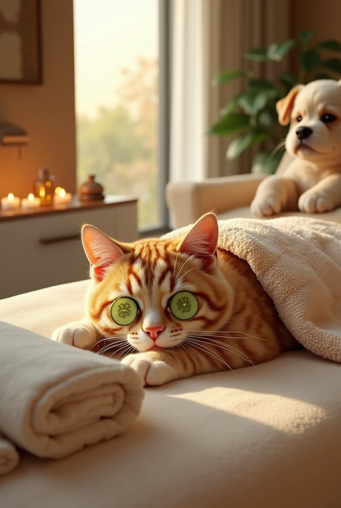 Type: Ultrarealistic
Subject: The cat and dog duo enjoying a luxurious spa day. The cat is lying on a comfortable massage table, with cucumber slices over its eyes and a fluffy white towel wrapped around its body. Beside the cat, the dog is also relaxing, perhaps sitting in a plush spa chair, wearing a towel around its neck and with a peaceful, blissful expression. The scene is serene and tranquil, capturing the deep relaxation of both animals as they indulge in their spa treatments.
Environment: A high-end, softly lit spa room with a calming ambiance. The background includes elements like scented candles, soft music, and maybe a gentle stream of water flowing from a small indoor fountain. The room is decorated with soothing colors, soft towels, and spa equipment, enhancing the luxurious and peaceful atmosphere.
Art Style: Photorealistic with detailed textures on the cat’s fur, the dog’s expression, the soft towels, and the spa surroundings. The scene should convey a deep sense of relaxation and pampering, with every detail adding to the overall serenity.
Lighting: Soft, ambient lighting that creates a calm and relaxing mood, with gentle shadows highlighting the textures of the fur, towels, and spa environment.
Camera: Medium-angle shot, focusing on the cat on the massage table and the dog in the spa chair, capturing their relaxed expressions and the tranquil atmosphere of the spa.
Resolution: 4K, high-definition, ensuring sharp details in the fur, the spa elements, and the overall peaceful setting.

{Ultrarealistic cat and dog enjoying a spa day, serene atmosphere, photorealistic, high-definition, medium-angle shot}
