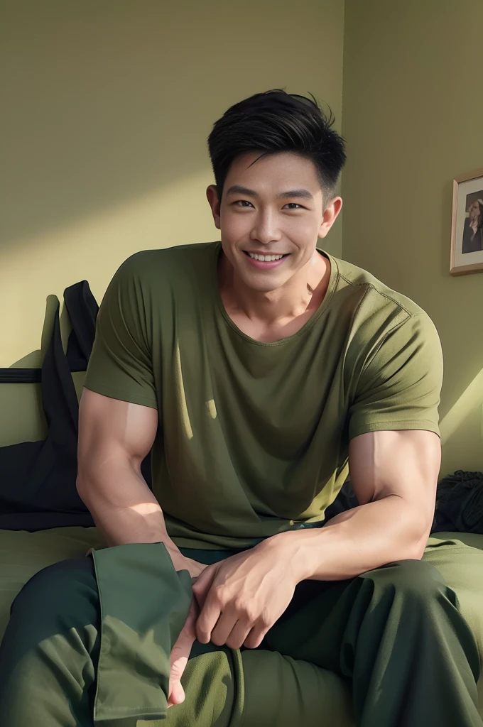 (armface:1.3), smile showing teeth , Handsome man sitting on the bed, (have a mustache:0.3) , (short hair:1.2),(Tight round neck t-shirt:1.2), (High neck shirt:0.8), (Olive green shirt:1.5),(Black Pants:1.5), Big muscles, Handsome and muscular, full body angle, (Modern bedroom:1.3), sunlight