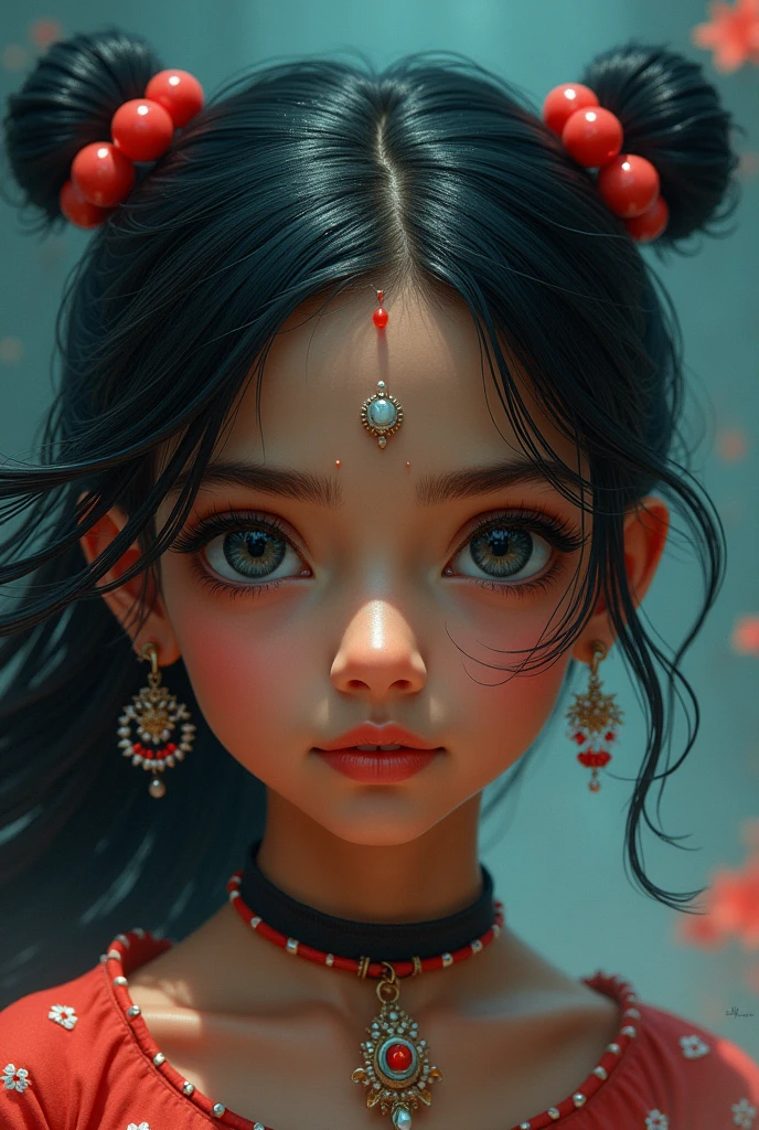 black hair, hair bobbles, wince, longeyelashes, solid circle eyes, fake light smile, ear blush, fang, ccurate, Surrealism, drop shadow, anaglyph, stereogram, tachi-e, pov, atmospheric perspective, 8k, super detail, best quality and girl should we indian 