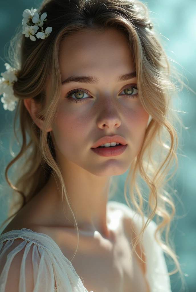 Create a realistic photo of beautiful 2 young adult Estonian girl with dyed blonde and dyed triped cherry brown long wavy hair , have oily skin and Little tanned skin , have arched thin brown eyebrows, have narrow upper lips and wearing natural mermaid makeup and pink lipgloss of lips and have lighted moon grey coloured almond shaped eyes and have square shaped face , symmetrical face and low cheekbones and wearing white Moon dress and have aura energy colour behind her as background 