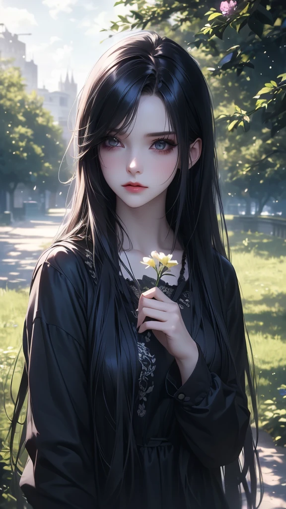 a cute emo girl, walking in a park, long hair, dark makeup, black clothes, holding a flower, detailed face, detailed eyes, beautiful detailed lips, lonely expression, emotional, moody, cloudy sky, lush greenery, warm sunlight, photorealistic, 8k, highly detailed, cinematic lighting, award winning digital art