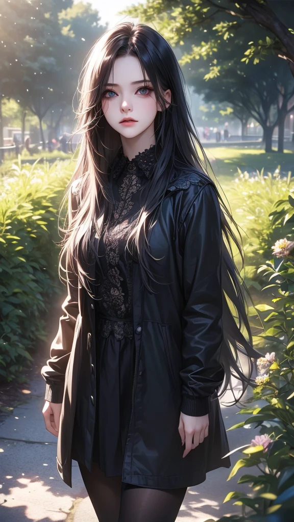 a cute emo girl, walking in a park, long hair, dark makeup, black clothes, holding a flower, detailed face, detailed eyes, beautiful detailed lips, lonely expression, emotional, moody, cloudy sky, lush greenery, warm sunlight, photorealistic, 8k, highly detailed, cinematic lighting, award winning digital art