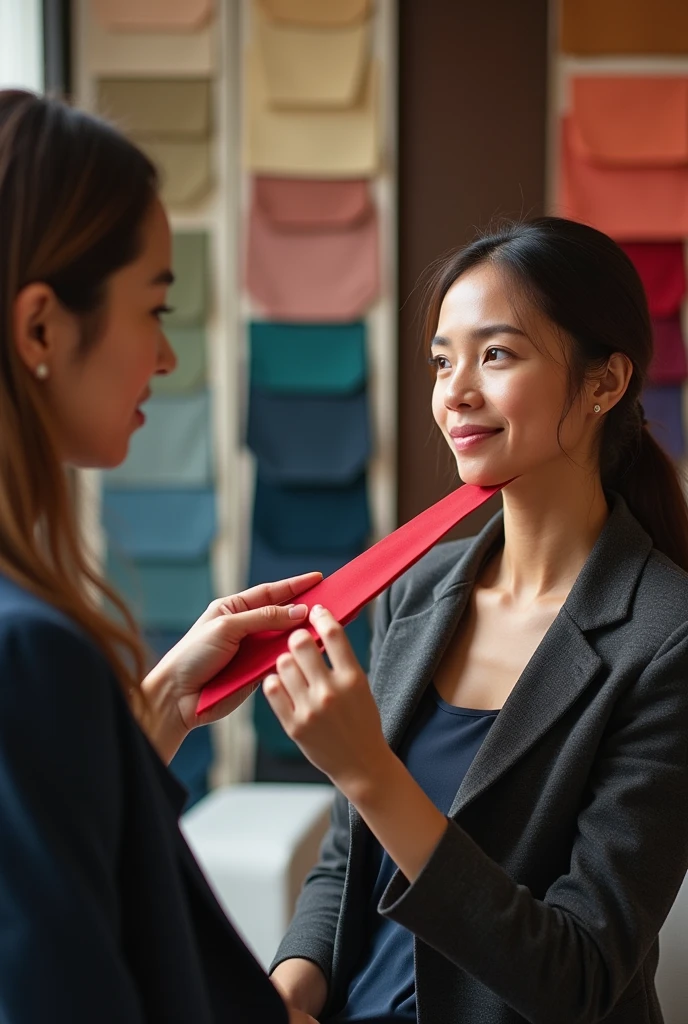 "Create an image showing a personal color consultant performing a color test on a client. The consultant is holding a colored fabric just below the client's chin, carefully evaluating how the color interacts with her skin. To client, sitting in front of a mirror, observe the process carefully. Ao fundo, there is a wall with several samples of fabrics in different colors, highlighting the diversity of tones used in the tests. The consultant is portrayed as confident and professional, transmitting security and precision in your work. The image must capture the essence of the practice and experience gained, showing the consultant conducting the test with confidence and credibility."