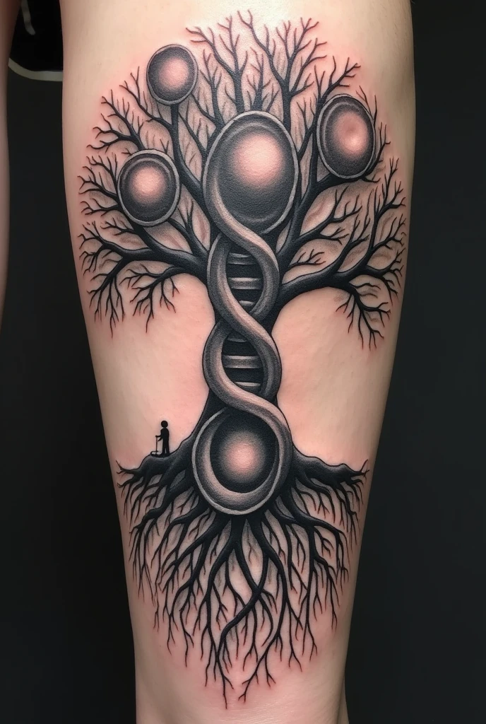 Create a detailed Tree of Life tattoo with the following elements:
-Roots: The roots of the tree should be represented as a DNA double helix. At the ends of these roots, each tip must be shaped like sperm, symbolizing the path of the sperm to fertilization.
Caule:
- At the beginning of the stem, there must be an egg in metaphase 2.
- Just above, the fertilized egg must be shown.
- Climbing higher up the stem, there must be a representation of embryonic cleavage at D2, with 2 cells.
- Further up, cleavage at D3 with 8 cells.
- Even higher up, a representation of a Morula.
- At the top of the stem, there must be a Blastocyst.
- **foliage:** The leaves of the tree must represent a placenta, with a baby growing inside, symbolizing the development of life.
- **General Style:** The tattoo should have a biological and naturalistic style, with details that show the process of life development, from conception to the fetal stage, integrating into the tree structure.