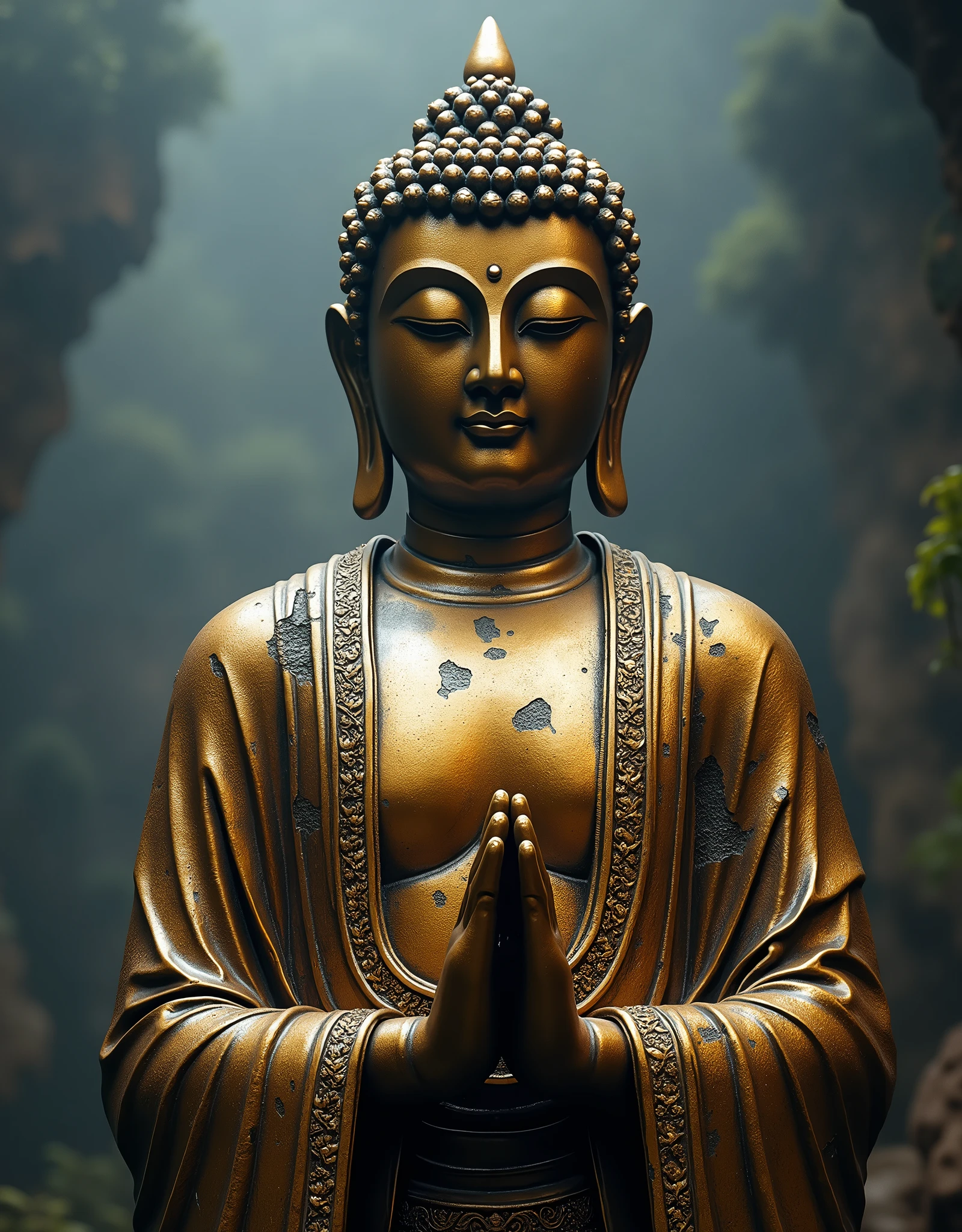 Highly detailed and beautifully carved Buddha statue、Highly detailed and intricate facial features、A gorgeous and elaborate robe、serene and peaceful facial expression、Made of bronze、Peeling gold plating、Old Buddha statue、Full body view、Dramatic lighting、Ambient fog、Photorealistic、8k、Highest quality、masterpiece