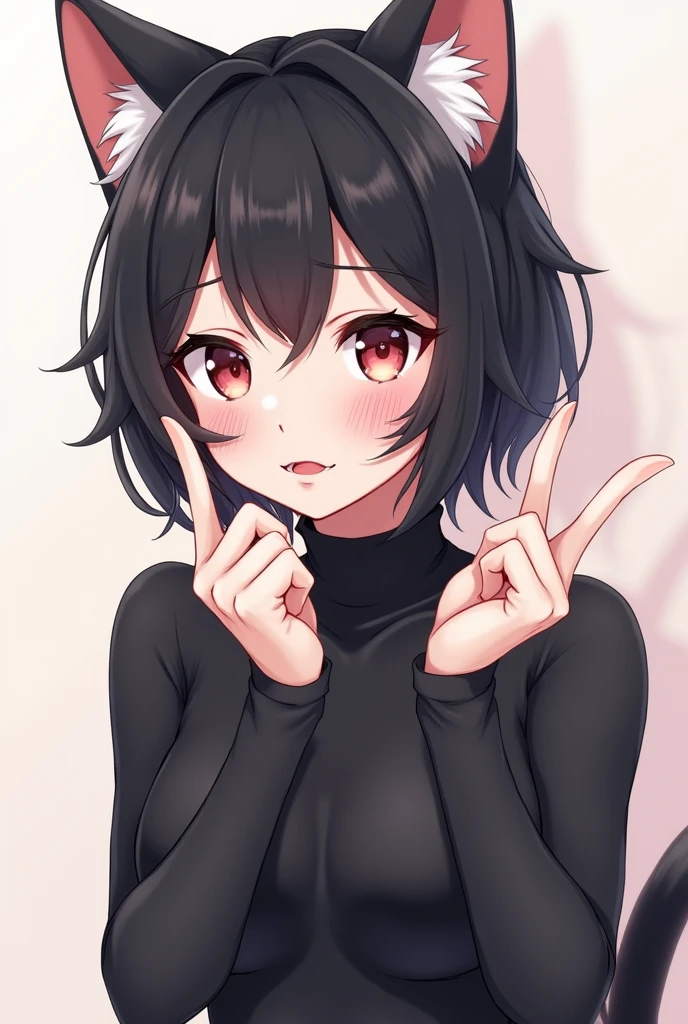 Beautiful woman wear turtleneck bodysuit and black socks black Pointy Fluffy Ears and Flustered Heart Eyes Face The eyes are heart shaped and white skin and let her be like anime and raise two finger and black cat tail and Short Wolf Cut(Black)


