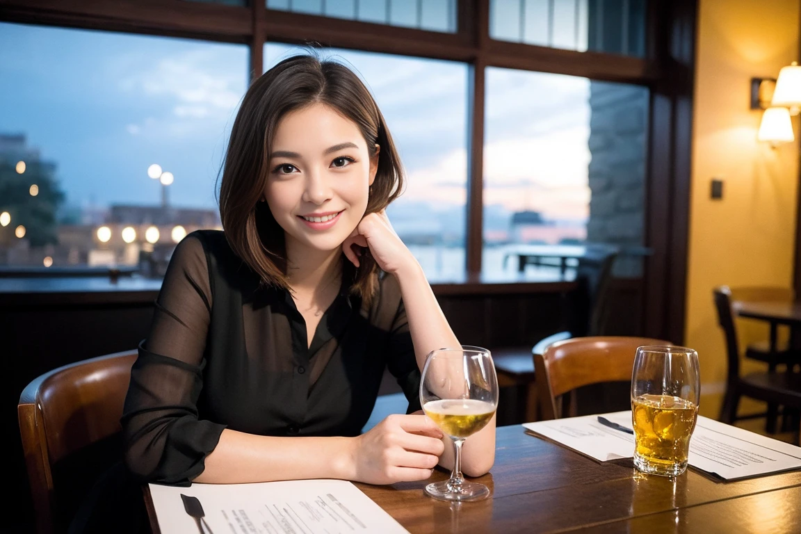 ((Highest quality、8k、masterpiece:1.3))、Whiskey bottles、whiskey、Suntory、Nikka、slimカップル、modelカップル、(Realistic, Intricate details:1.2), full-course dinner、Whiskey bottle and glass on the table、Single Malt、scotch、Rocks glass、Shot Glass、on the rocks、Scotland、Amazing view of the sunset sky and clouds、A bright smile、The wonderfulness of smile、 Beautiful Face, blue eyes, The light shines on your face, blush, short hair,Bright Face、 (Age 37), 3,Two beauties、Brown Hair、Shortcuts、Long sleeve shirt、dress、Beautiful woman 1, (slimな顔), (The body is slim), (Brown Hair), (Shortcuts), cheeks turn a little red,Attractive beauty、restaurant, In a prominent place (From the waist up) Nova Frog Style, actress, model, Upper Body, White wine, slim, smile, (smile: 1.15), Beautiful fine grain, Depth f/2,saturation, High Contrast, Strong light and shadow,Moist Body:1.5、3D texture、Delicate eyes、Brown Hair、The hair is very shiny、