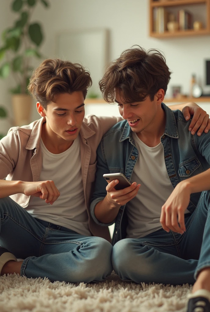 dois homens de 19 anos procurando papel em uma escrivaninha e um com um celular na mao