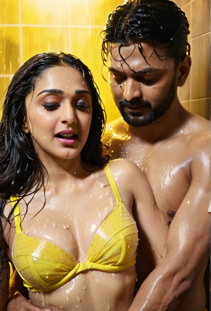 Kiara advani and man in shower. Man is grabbing kiaras breast from behind. Its set at night. Yellow street lights leak inside the bathroom. Kiara is wearing transparent bra. She is wet. Man grabbing breast from behind. Ultra cinematic lighting 