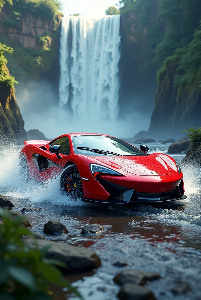 A red Car in a waterfall 

