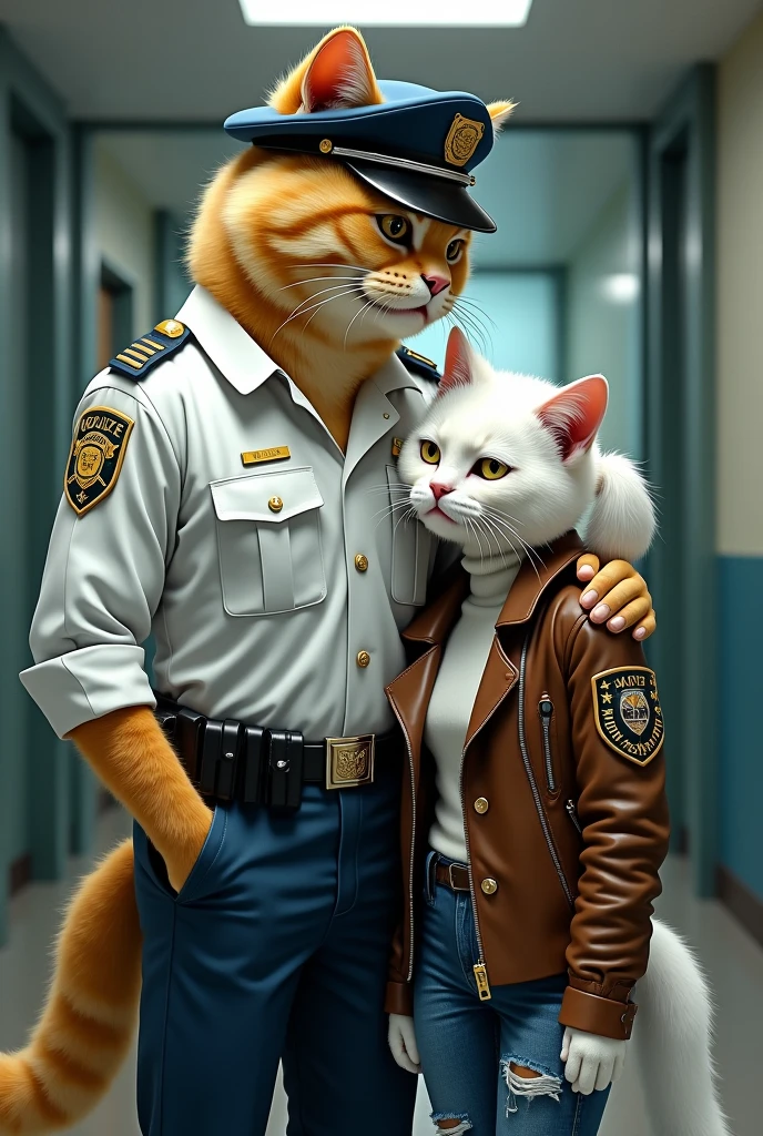 A yellow and gray stylish tall cat dressed in white police uniform putting Hand on the shoulder of weeping white cat dressed in brown jacket with studs and blue tattered jeans and white pony tail n police station