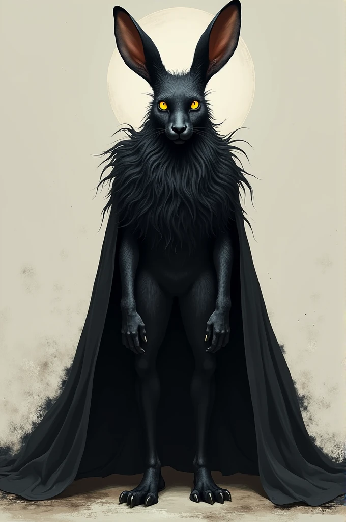 a heron (humanoid hare that walks on two legs) Its fur is completely black and its eyes have a very strong yellowish color and shine, She has long hair, She has hare ears and in her right ear she has a golden earring, he wears a black cloak that stretches to the ground, she is threatening, she is very sensual, 2d