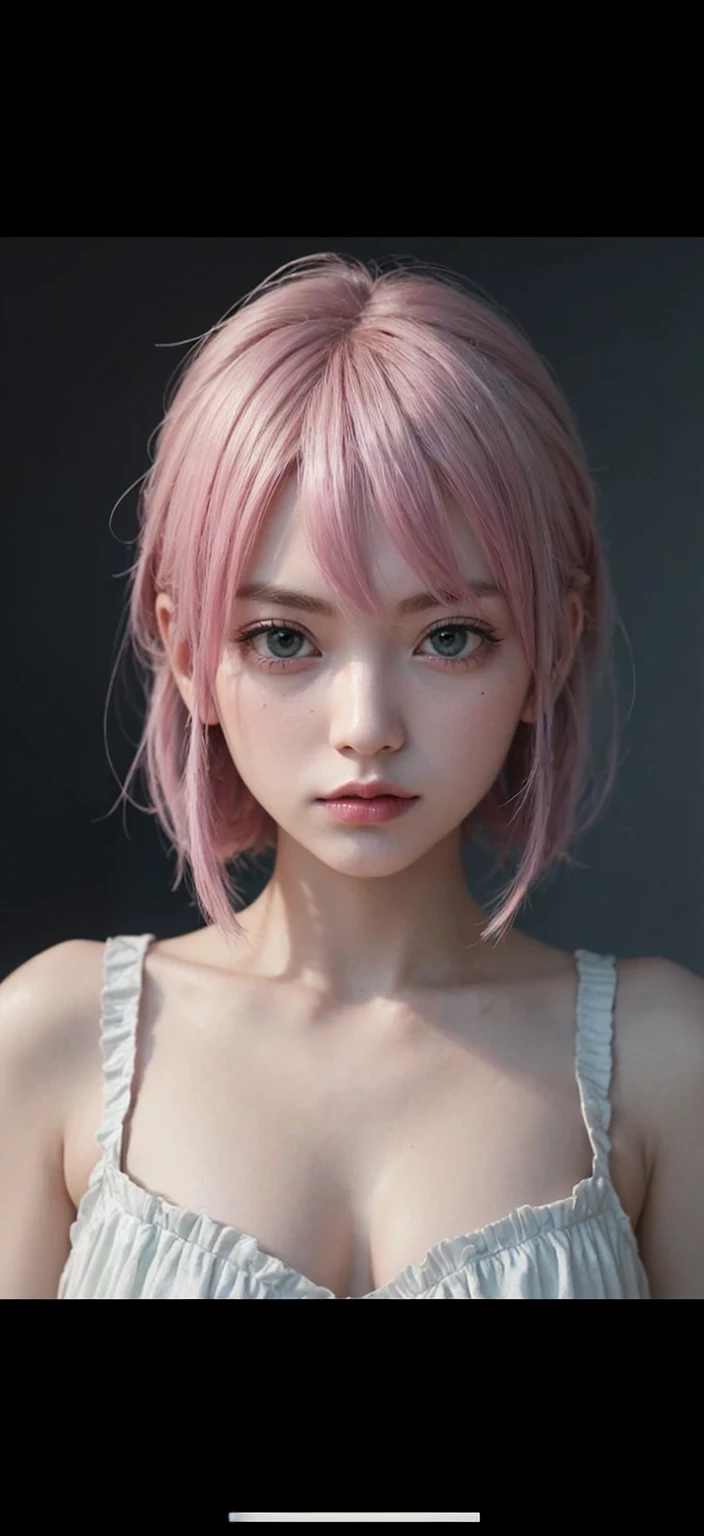 1 female of Asian and European descent, Pink Short Hair, Emerald green eyes, Her chest is G cup, Thick and long eyelashes, A slightly anxious look, Drooping eyes, The outfit is white with black accents, Maintaining the aspect ratio of a person
