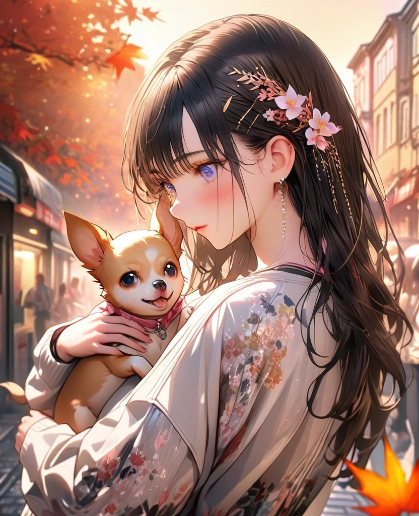 8k,Ephemeral beauty,Very delicate and beautiful,Beautiful and realistic skin,,Black Hair、Long and colorful hair,Beautiful Eyes,good,Beautiful sunset、dog(Chihuahua)hug、dogクリーム色、dogと散歩、Casual clothes、autumn、In town、I don't wear hair clips
