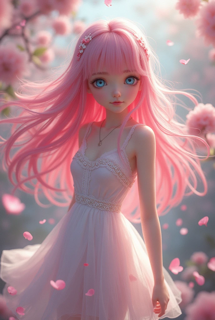 (CG unity 8k wallpaper extremely detailed) (best qualityer) (better lighting) (an extremely delicate and comely) (floating) (comely) (spring atmosphere) (1 girl) (long pink hair), (hair band), (detailed and comely blue eyes), ((white very short dress, pink lace underside), (lace), ((this transparente clara))), (cherry blossom petals), (butterflys), (DOF), (Volumetric Light) cinematic lighting, Chromatic aberration, Sony FE GM, texturized skin, High details, high resolution, 8k