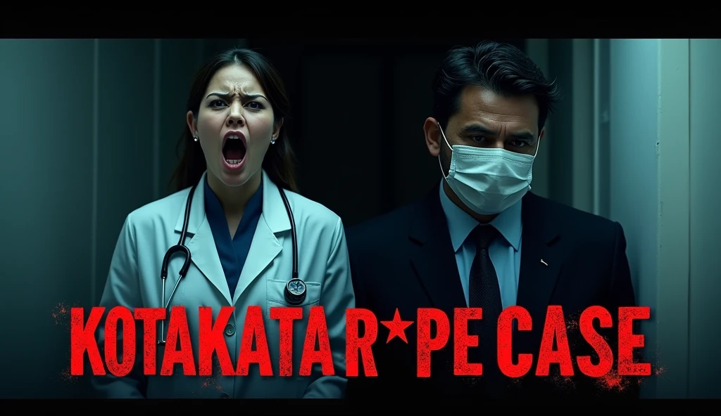 Design a movie poster for 'Kolkata R*pe Case' with a split-screen composition, featuring a screaming woman in a lab coat on the left and a close-up of a serious man on the right, with a distressed title at the bottom. Create a promotional poster for the crime thriller 'Kolkata R*pe Case' with a dramatic, suspenseful atmosphere, featuring a female medical professional in distress and a serious-looking man, using high contra. The man wearing a mask because he not wants to revile own face. Remove the text and write 'Kolkata R*pe case' with a dramatic. Remove the 'P' and use '*'. Most atractive poster. Remove all text and ise ' Kolkata R*pe Case' 