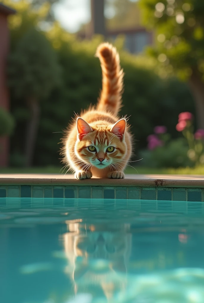 PICTURE OF A CAT SEEING A POOL AND BEING VERY AFRAID OF IT