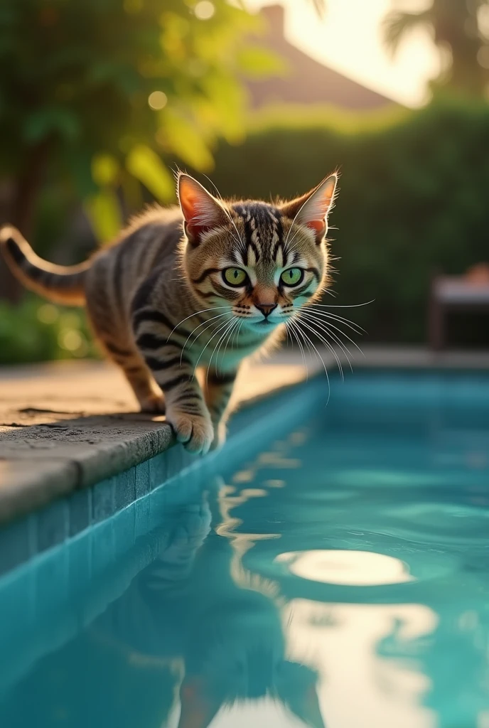 PICTURE OF A CAT SEEING A POOL AND BEING VERY AFRAID OF IT