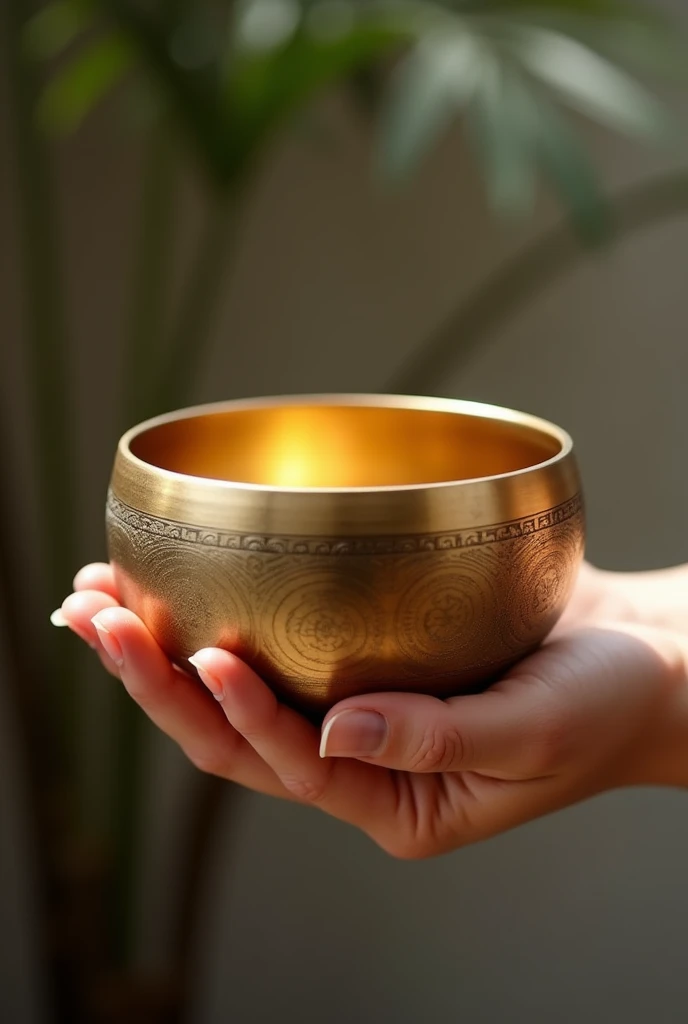 Brass singing bowl
With high finish and looking real
Some unique and being hold in a beautiful hand