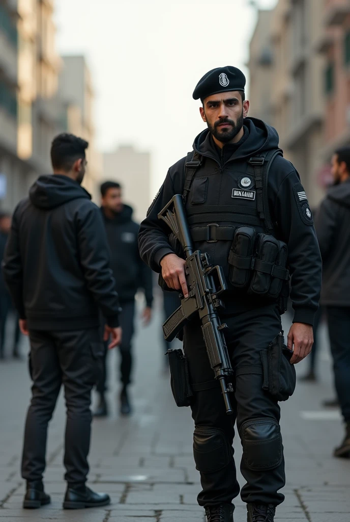 Young strong bearded Iranian police officer, in black military police tactical uniform, Lottery, Special Operations, boina preta, rifle in hand, black boot, to approach a conversation on the street. Boys on the street. Approach.