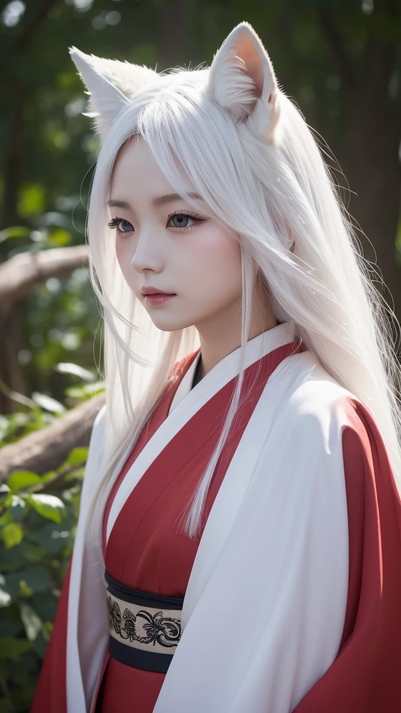 White Demon Fox、Nine-tailed Fox、Japanese women、kimono、Fair skin、Red lines on face、8K、I have long hair