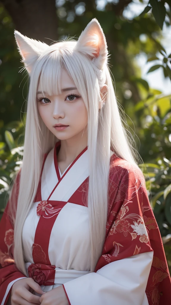 White Demon Fox、Nine-tailed Fox、Japanese women、kimono、Fair skin、Red lines on face、8K、I have long hair