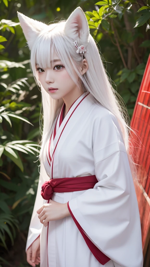 White Demon Fox、Nine-tailed Fox、Japanese women、kimono、Fair skin、Red lines on face、8K、I have long hair