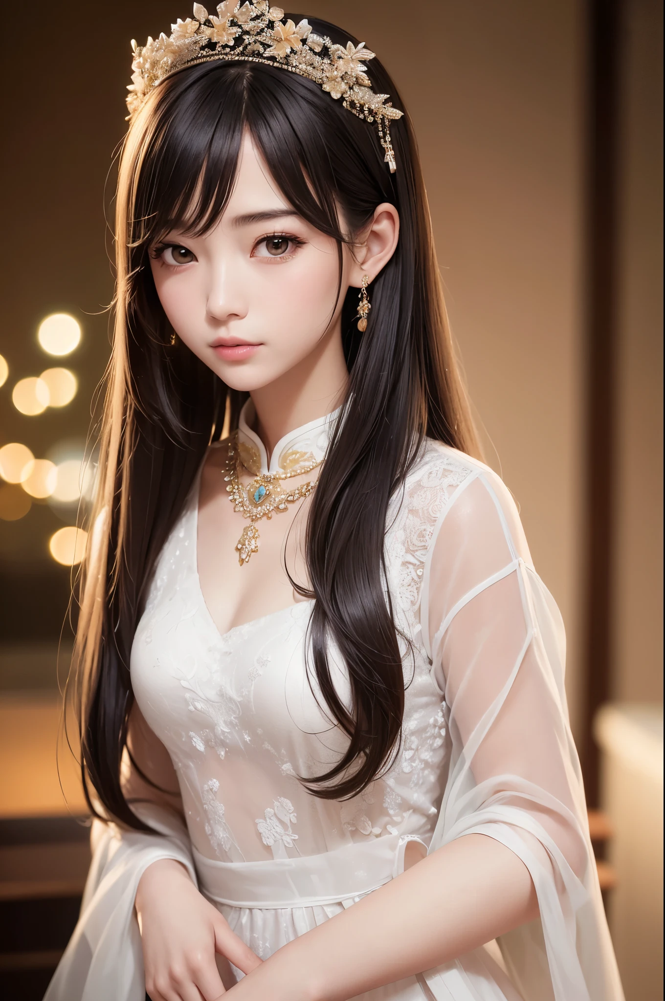 best quality, masterpiece, high resolution, 1 Girl,Chinese Wedding Dress,Hair accessories（lifelike）,necklace（lifelike）, Jewelry（lifelike）,Pretty Face,Above_Body,Hair accessories与脸蛋Body贴合， Tyndall effect,Reality, Dark Studio, Edge lighting, Two-tone lighting,(High Detail Skin:1.2), 8K uhd, Digital SLR Camera, Soft lighting, high quality, Volumetric Lighting, frank, photo, high resolution, 4K, 8K, Bokeh