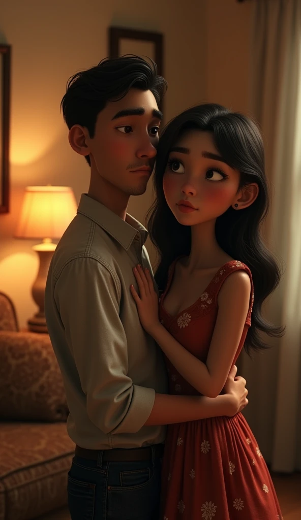 A sad georgous couple at their home,  pixar style, cinematic, masterpiece, high-aesthetic, portrait 