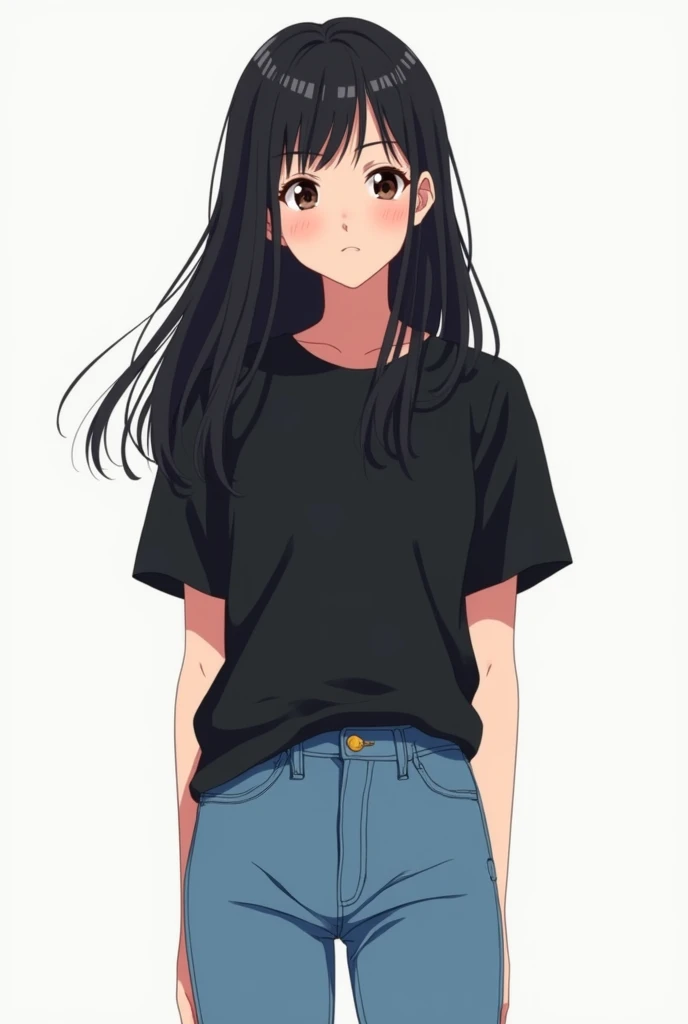 Create a image of a teenager girl wearing black tshirt and blue jeans in 2d anime style long black hair  average height  straight pose 