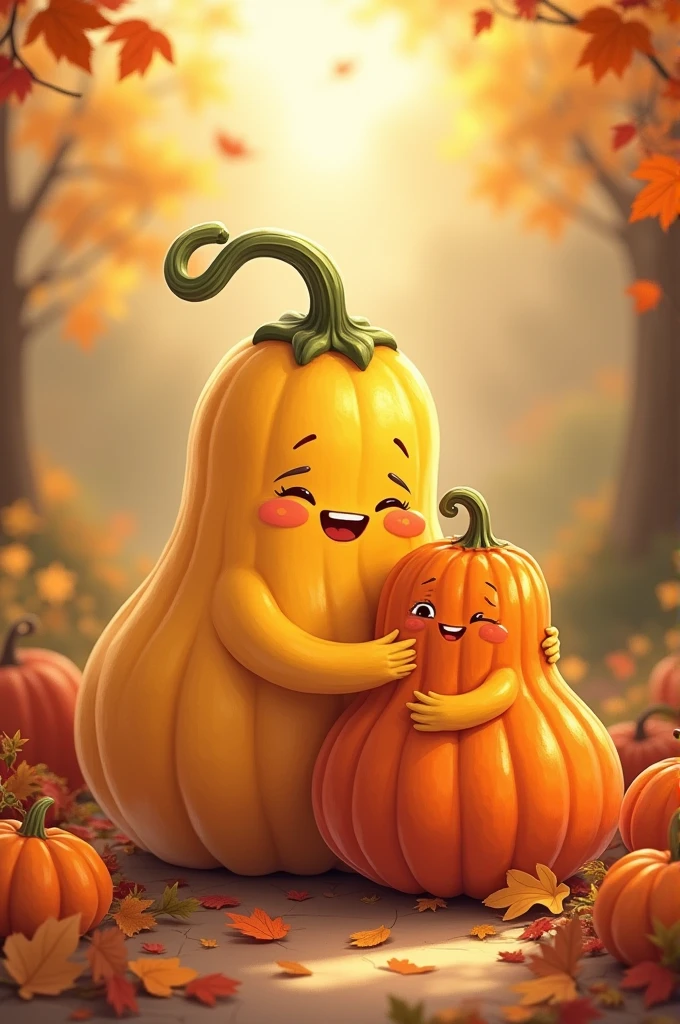 Gourd giving hug to pumpkin