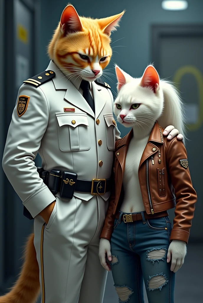 A yellow and gray  stylish tall cat dressed in white police uniform  putting Hand on the shoulder of  weeping white cat dressed in brown jacket with studs and blue tattered jeans and white pony tail n police station 