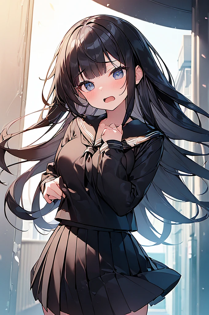 (Masterpiece, Top quality:1.5), nsfw, (dynamic angle:1.2), (1 beautiful girl, solo:1.2), (big eyes:1.3), (black sailor suit, black pleated skirt:1.2), (black hair:1.3), long Hair, straight Hair, asymmetry bangs, swept bangs, , shy:1.1, blush:1.2, beautiful scene of street, dynamic pose, open mouth