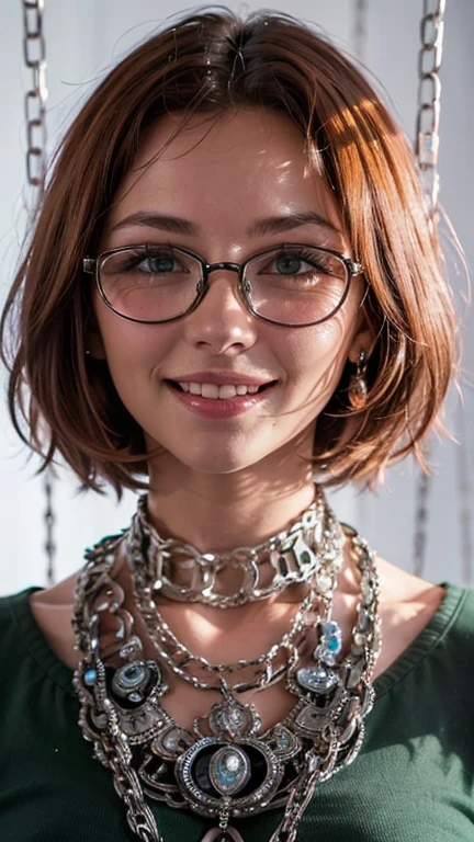 Short, Red hair, green eyes, smile, girl , metal frame glasses. Best quality, ultra detailed, Green shirt, tie, look, smile, (In the bad: 1.2), looking at the viewer, (interview: 1.3), (light background, chains: 1.3), above, sharp contrast, beautiful detailed eyes, concentrate, Close-up