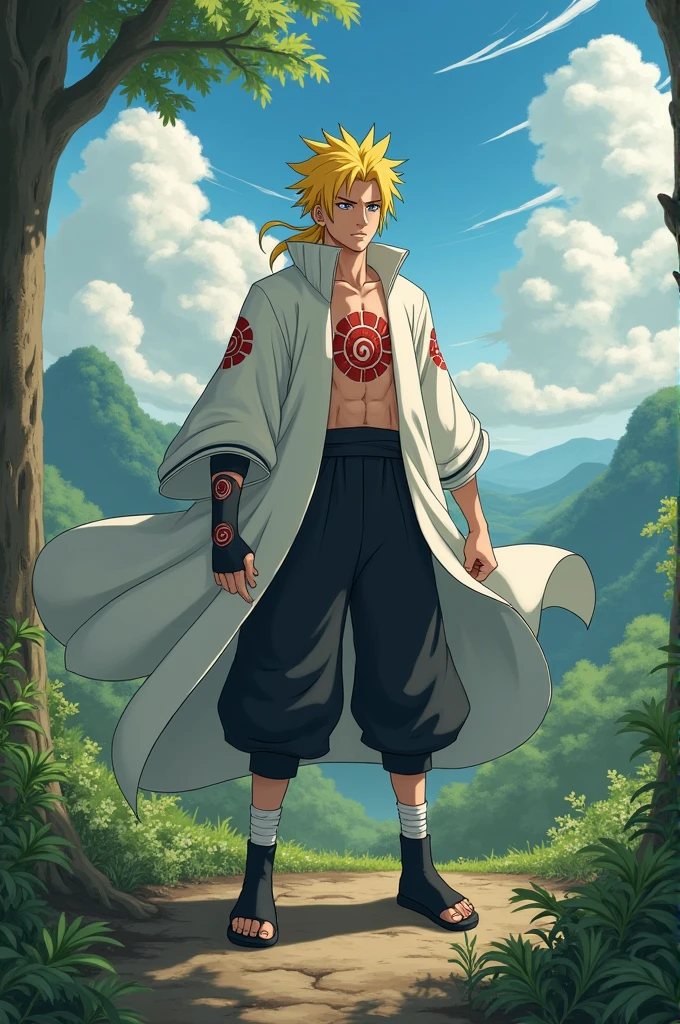 Un bărbat din universul Naruto din clanul Uzumaki cu păr galben care este genciurikul lui zece cozi 