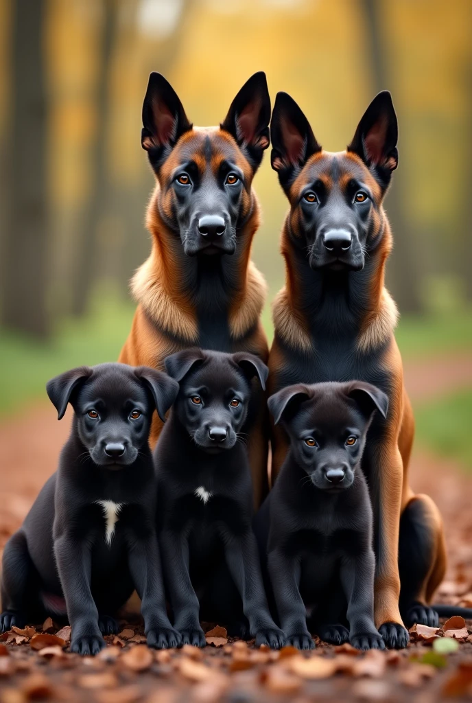 1 father dark Belgian malinois 1 mother pawn sable Belgian malinois with black foot and 2dark puppy add 1 dark puppy with small white chest mark lying