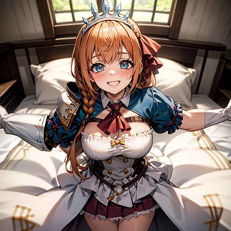 high quality,(Lie on your back on the bed), outstretched arms, aapeco, very long hair, ahoge, braid, tiara, hair ribbon, red ascot, cleavage, shrug (clothing), shoulder armor, white dress, short sleeves, white gloves, pleated skirt, red skirt, A seductive smile, Shot from directly above,Brown Hair, Blushing, smile, Big Breasts