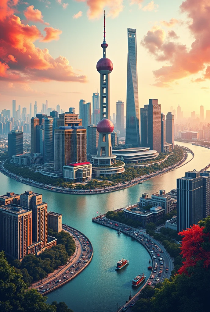 A poster with pictures and text about Shanghai&#39;s development