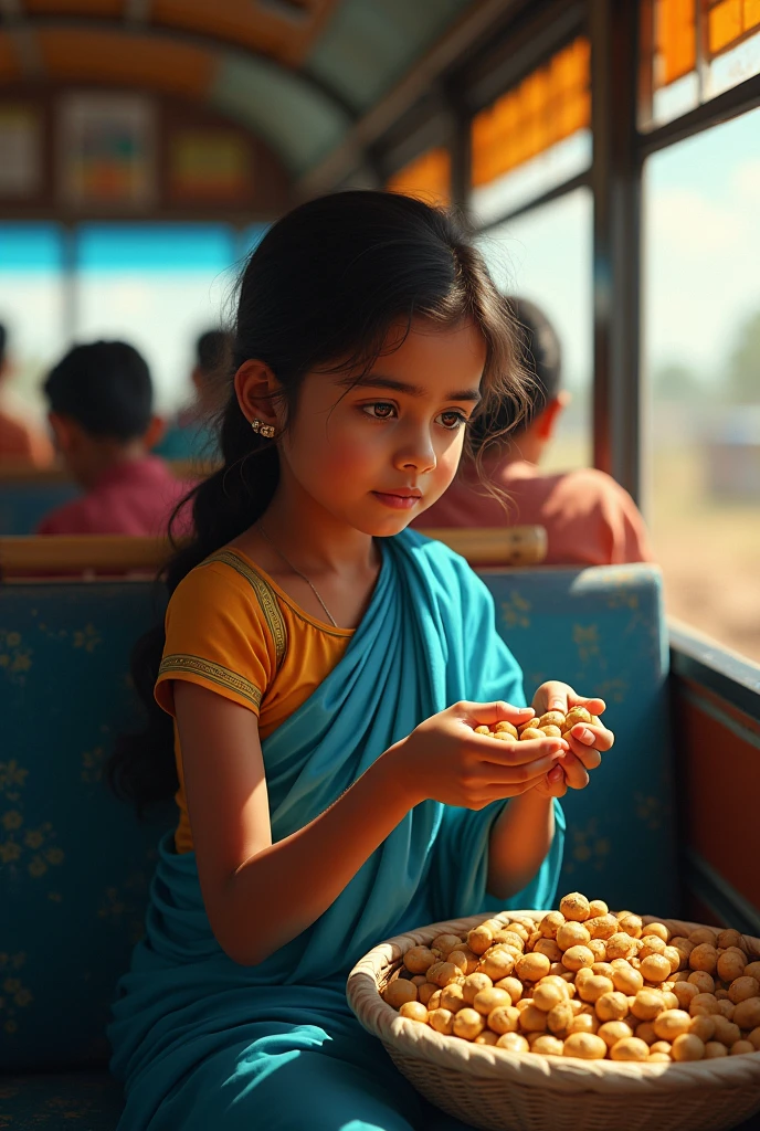 Girl picking groundnutS in bus floor in blue sare