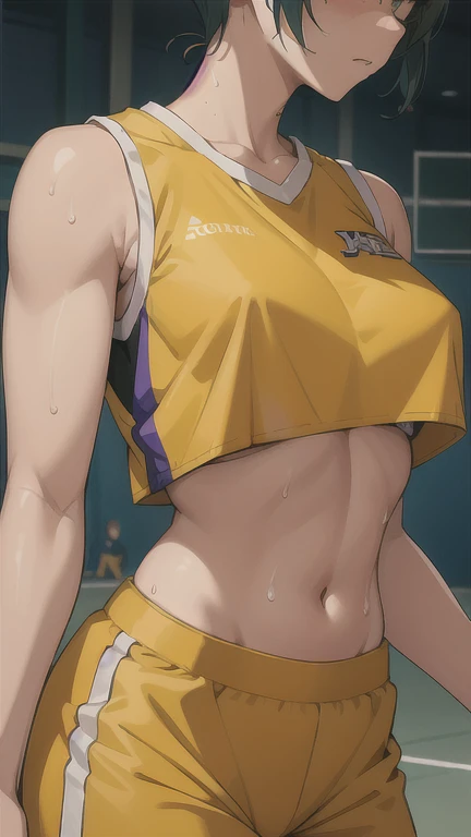 A close-up of a person wearing a basketball uniform, a picture, inspired by Kentaro Miura, trend on pixiv, Kugisaki Nobara, Jujutsu Kaisen, wearing the yellow NBA jersey, yellow nba crop top t-shirt, wearing a low cut crop top, Using croptop, croptop, The word "Lakers" On top, Lightning Dorado, (flicker), Shirobako, big)}], favorite scene, fine details. cheered up. Skins, perspiration, pechos bigs, Dripping sweat, more sweat, 