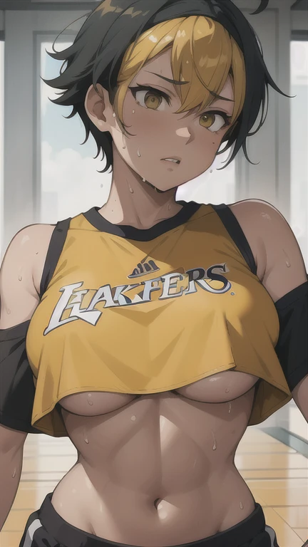 A close-up of a person wearing a basketball uniform, a picture, inspired by Kentaro Miura, trend on pixiv, Kugisaki Nobara, Jujutsu Kaisen, wearing the yellow NBA jersey, yellow nba crop top t-shirt, wearing a low cut crop top, Using croptop, croptop, The word "Lakers" On top, Lightning Dorado, (flicker), Shirobako, big)}], favorite scene, fine details. cheered up. Skins, perspiration, pechos bigs, Dripping sweat, more sweat, 
