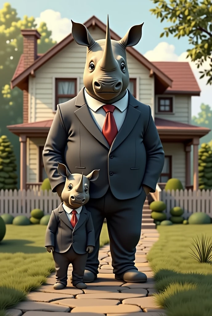 Adult dad rhino and baby rhino both in suit house in background