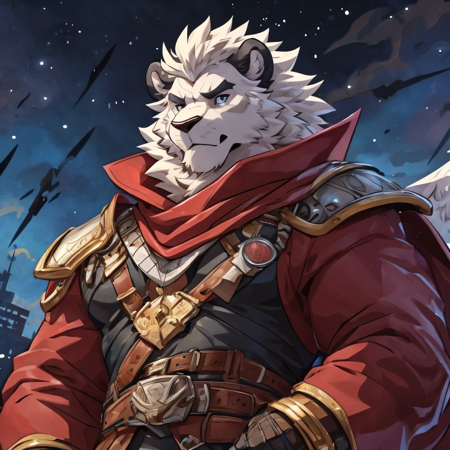 ultra detailed face, high details, old white anthro lion, named Vincent Frederick, ((white lion)) 4k,8k,high resolution, best quality, posted on e621, solo, anthro body, male, adult, masculine, correct anatomy, (detailsbackground, out-of-focus background:1.2), (by takemoto arashi:1.0), (by wfa:1), (by Taran Fiddler:0.5),(by Bontiage), a commander, (cel shaded, cartoony shading:1.2), moody expression, serious expression, grumpy expression, detailed face, good eyes, anime eyes, normal eyes, normal hands, black lineart, black outline, flat coloring, (strong shadows, dark shadows:1.2), at battle field, cloudy night, superior mane, a scar on left eye, center, a sheated sword on his side, wearing royalty armour, red cape, first person perspective.