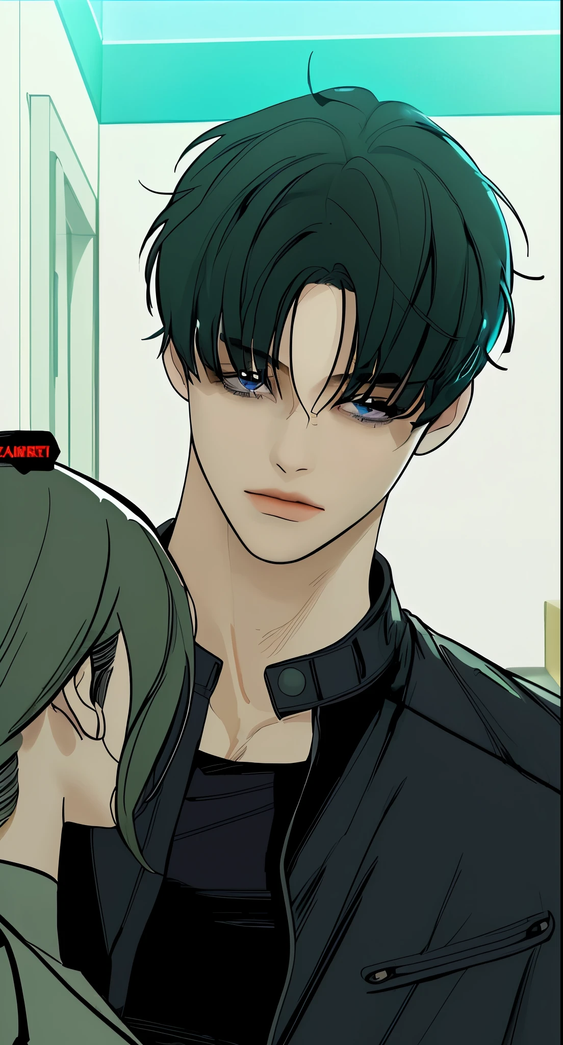 A man looks at the woman in front of him, he handsome, black hair, eyes colour true sapphire