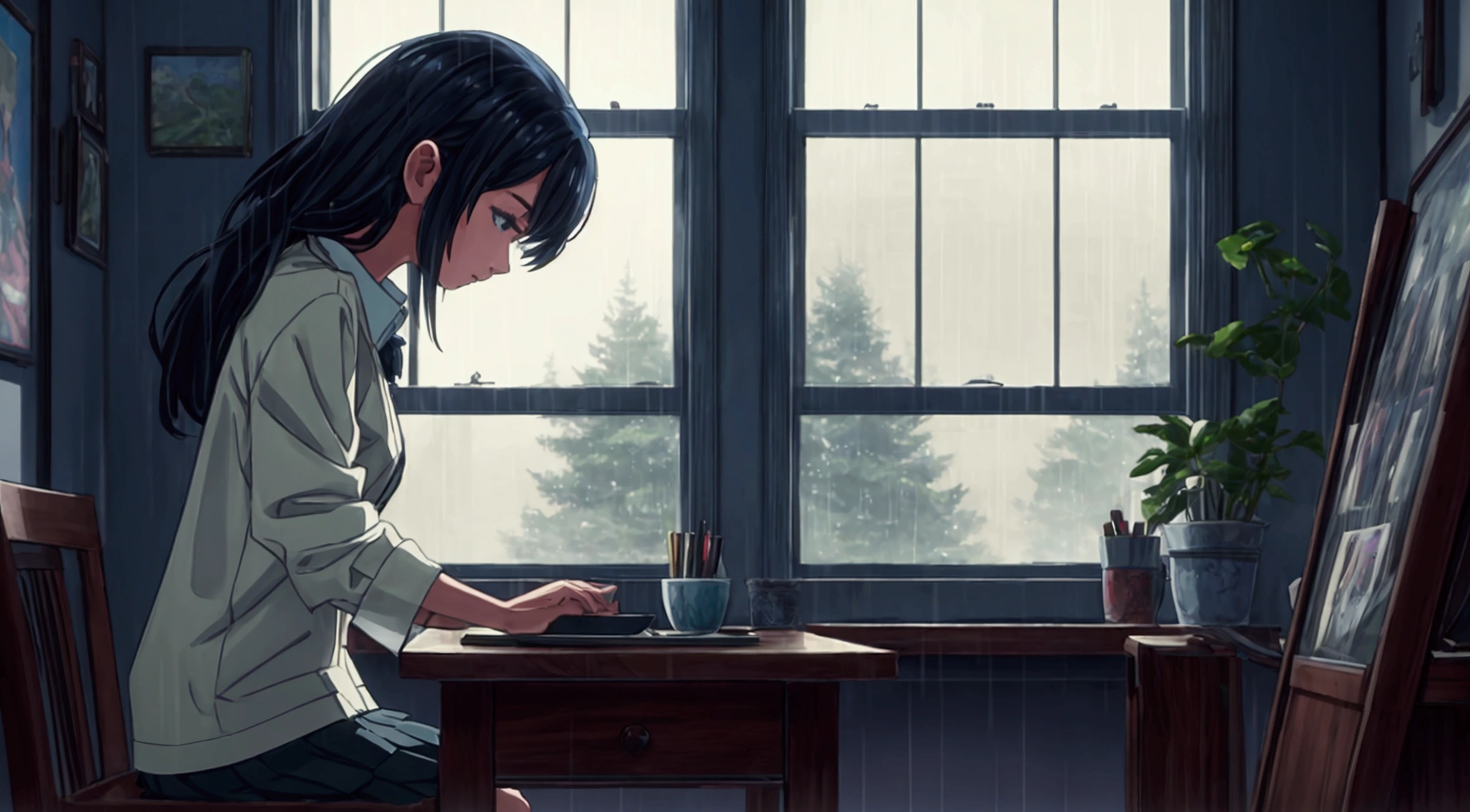 A magical scene of a young woman hunched over a study table on a rainy night, raindrops run down the windows, captured by Mokoto Shinkai, Soft color palette that enhances the atmosphere, lofi musician adding a unique sonic layer, atmosphere of serenity and conviviality (best qualityer), (8k resolution), (ultra-highres)