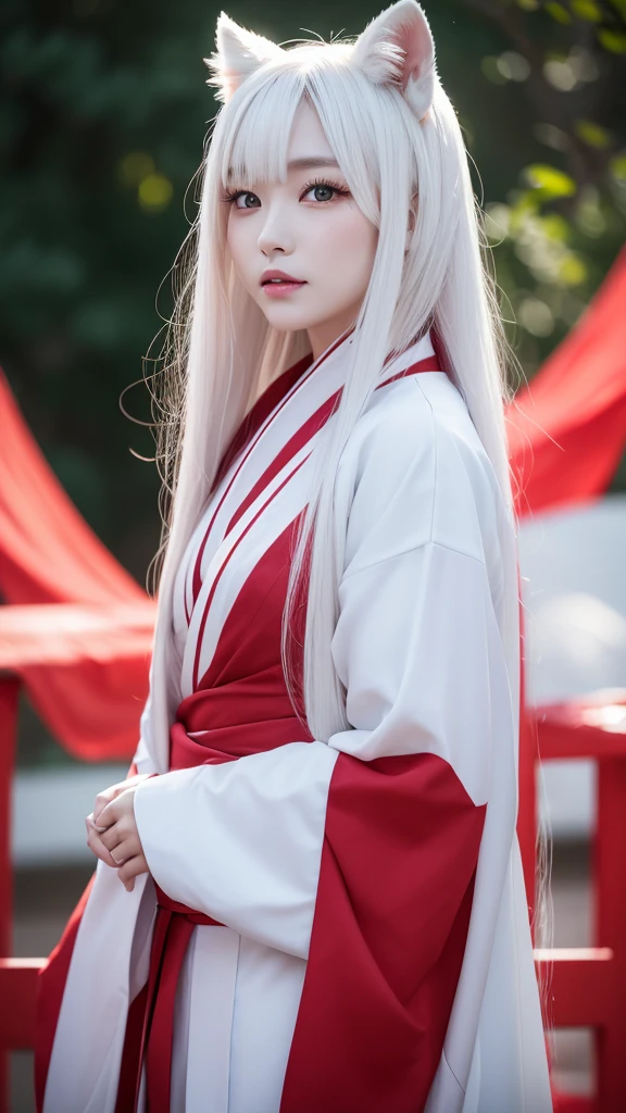 White Demon Fox、Nine-tailed Fox、Japanese women、kimono、Fair skin、Red lines on face、8K、I have long hair