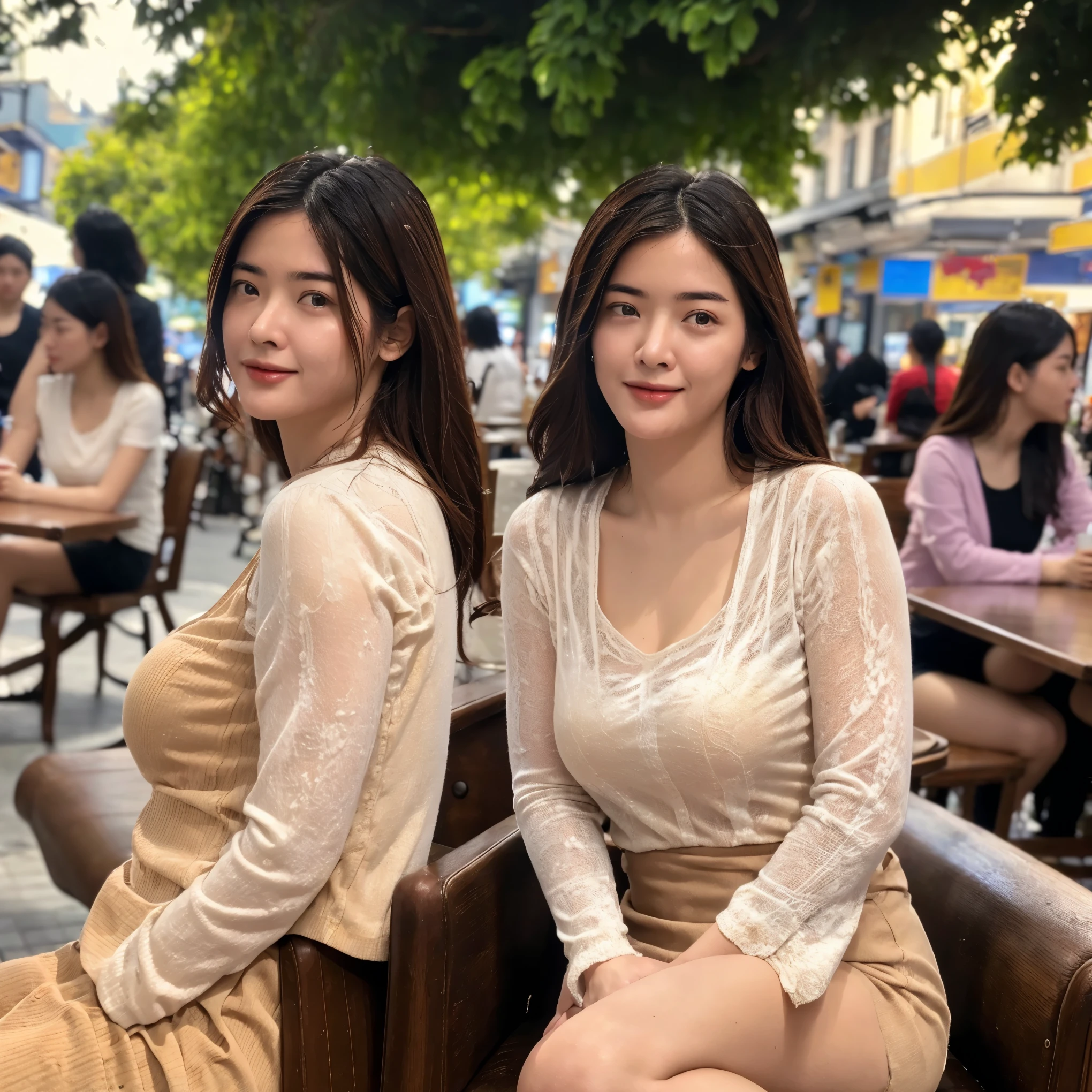 Ultra-realistic、High resolution、High resolution8Kフォトリアリスティック画像。Scenes of Japanese sisters who look completely different。My sister is big, Beautiful Face, Long black hair.、Kind eyes、Elegant atmosphere。my sister is short、Has short brown hair.、Lively expressions、She has a baby face and big breasts、Wearing sexy clothes.。background, People at an open-air cafe in Paris々sits.。Warm natural light pours in。Both facial details are clearly visible.、If so、everyone&#39;personality。Create photo book-like page layouts。Detailed human skin:1.24